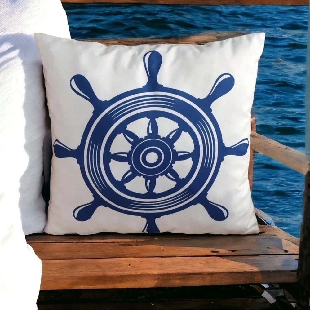 Coastal Pillow Cover Ship Wheel Nautical Beach Decor Square 17.75 in Blue White